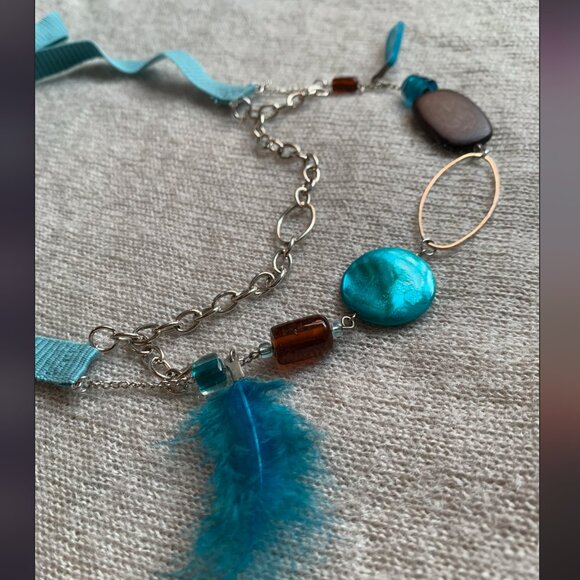 3x35$ 🐿 🍁 CREATION -Short necklace double layers with ribbon attach Aqua brown - Picture 8 of 10